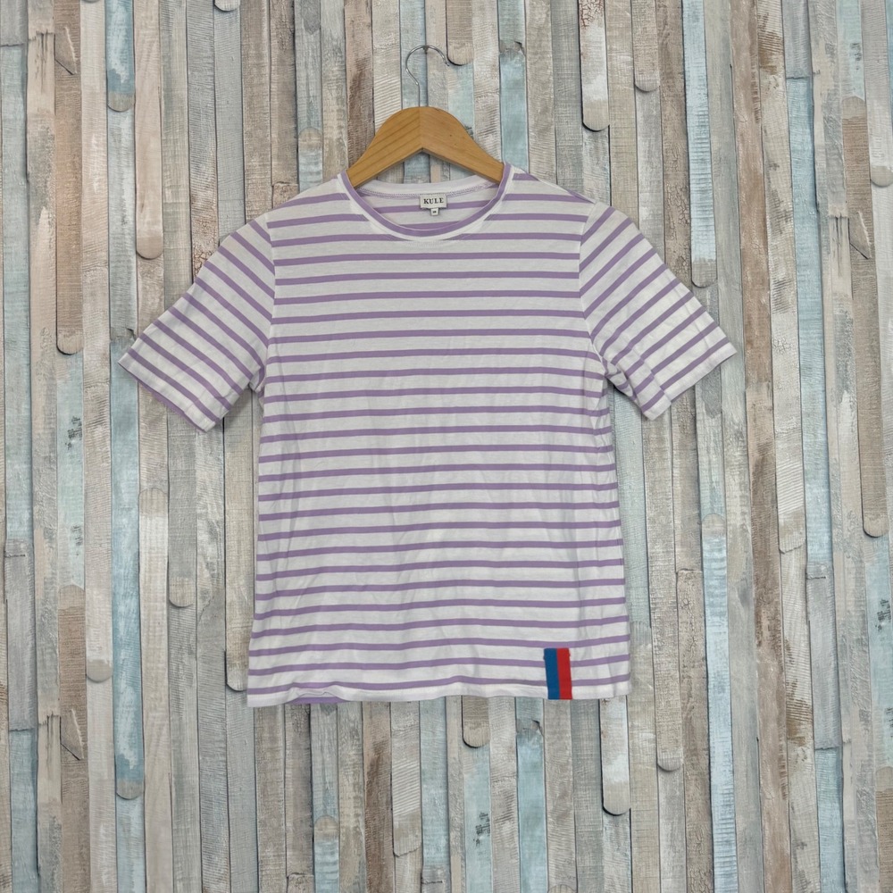 KULE XS Modern Striped Cotton Tee Lavender White Short Sleeve Crew Neck Babydoll